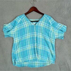 J JILL WOMENS LINEN BLOUSE TURQUOISE WITH STRIPES SIZE L